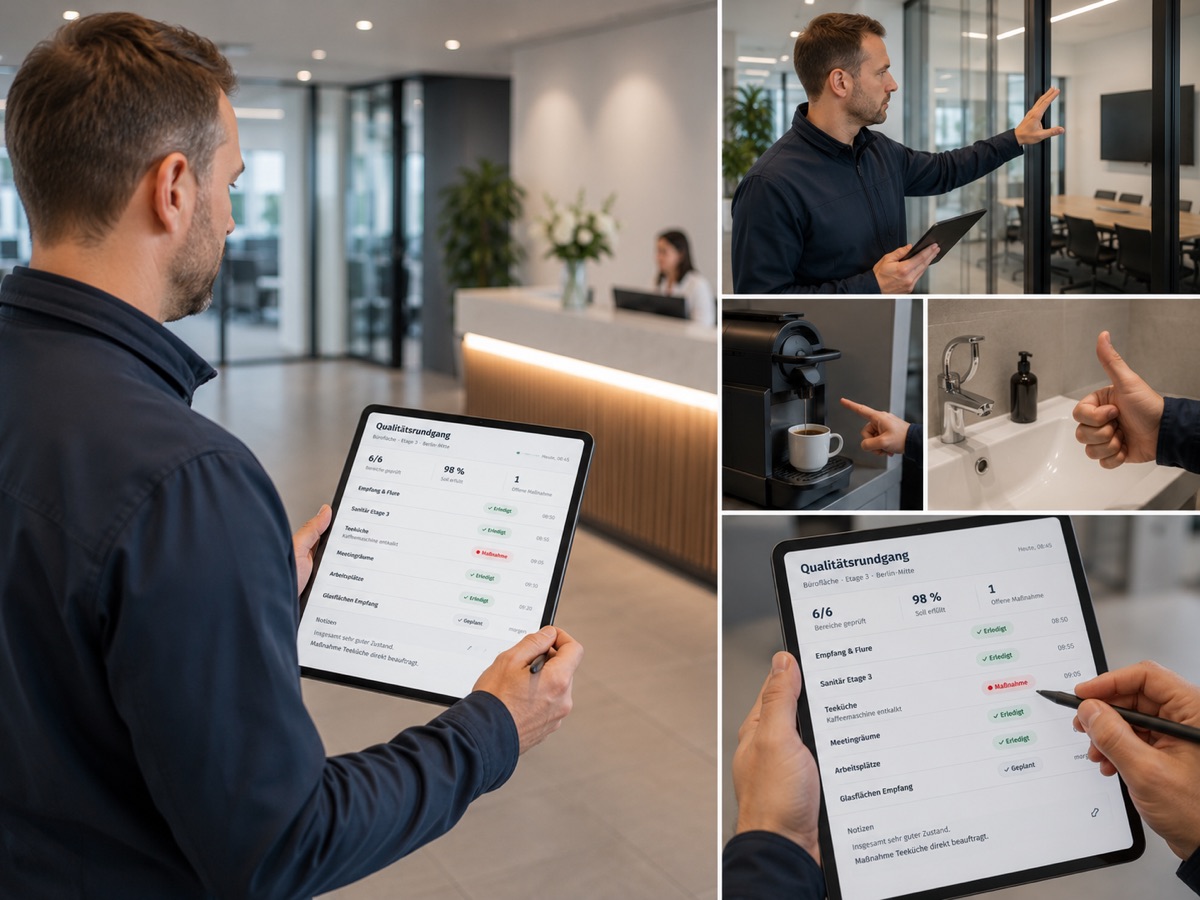 Objektleiter prüft die Reinigungsqualität vor Ort und dokumentiert den Qualitätsrundgang digital auf dem Tablet