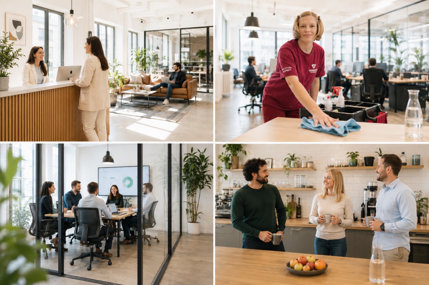 Büroreinigung in Berlin: modernes Büro mit Empfang, Meetingraum und Küche — und eine Reinigungskraft von Die Büroreiniger bei der Arbeit