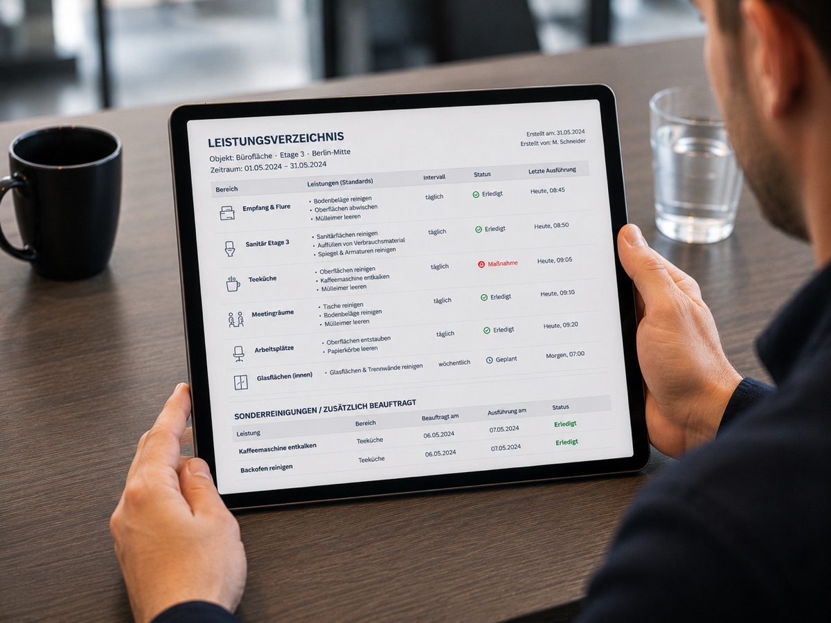 Digitales Leistungsverzeichnis mit Bereichen, Intervallen und Status auf einem Tablet